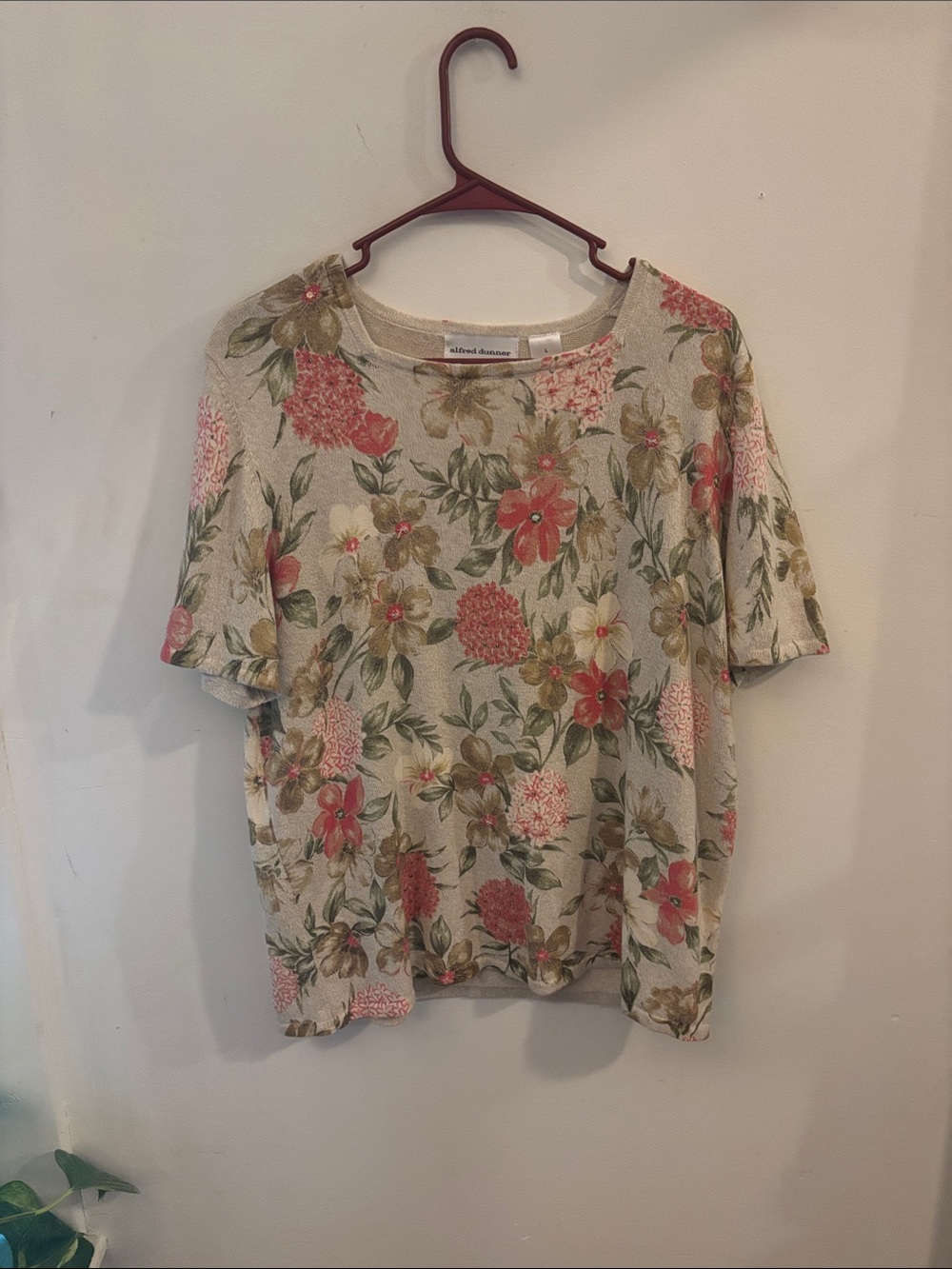 Vintage Alfred Dunner Floral Beaded Short Sleeve Sweater Knit Top Size L